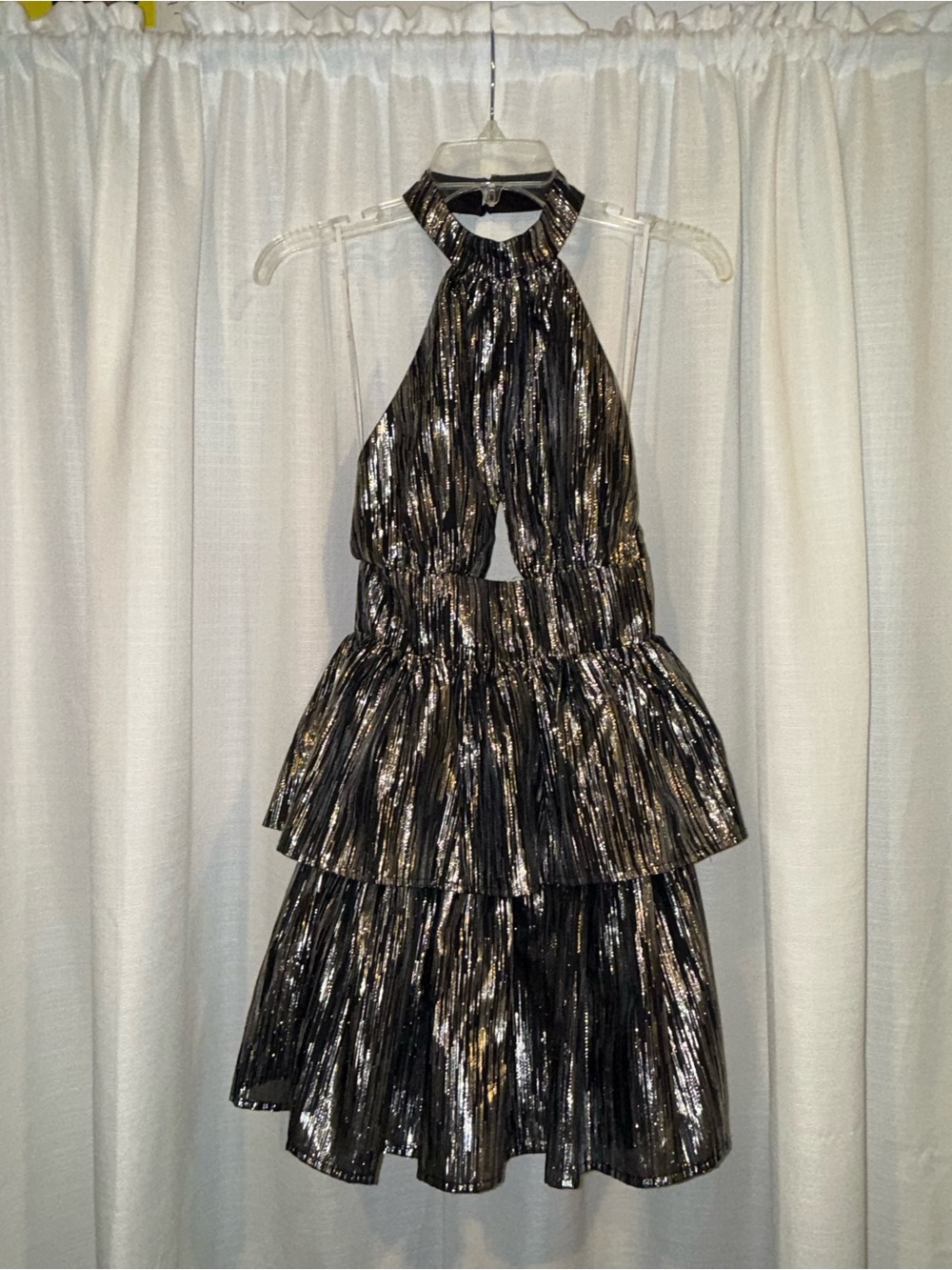 Lulus Metallic Black Tiered Halter Mini Dress